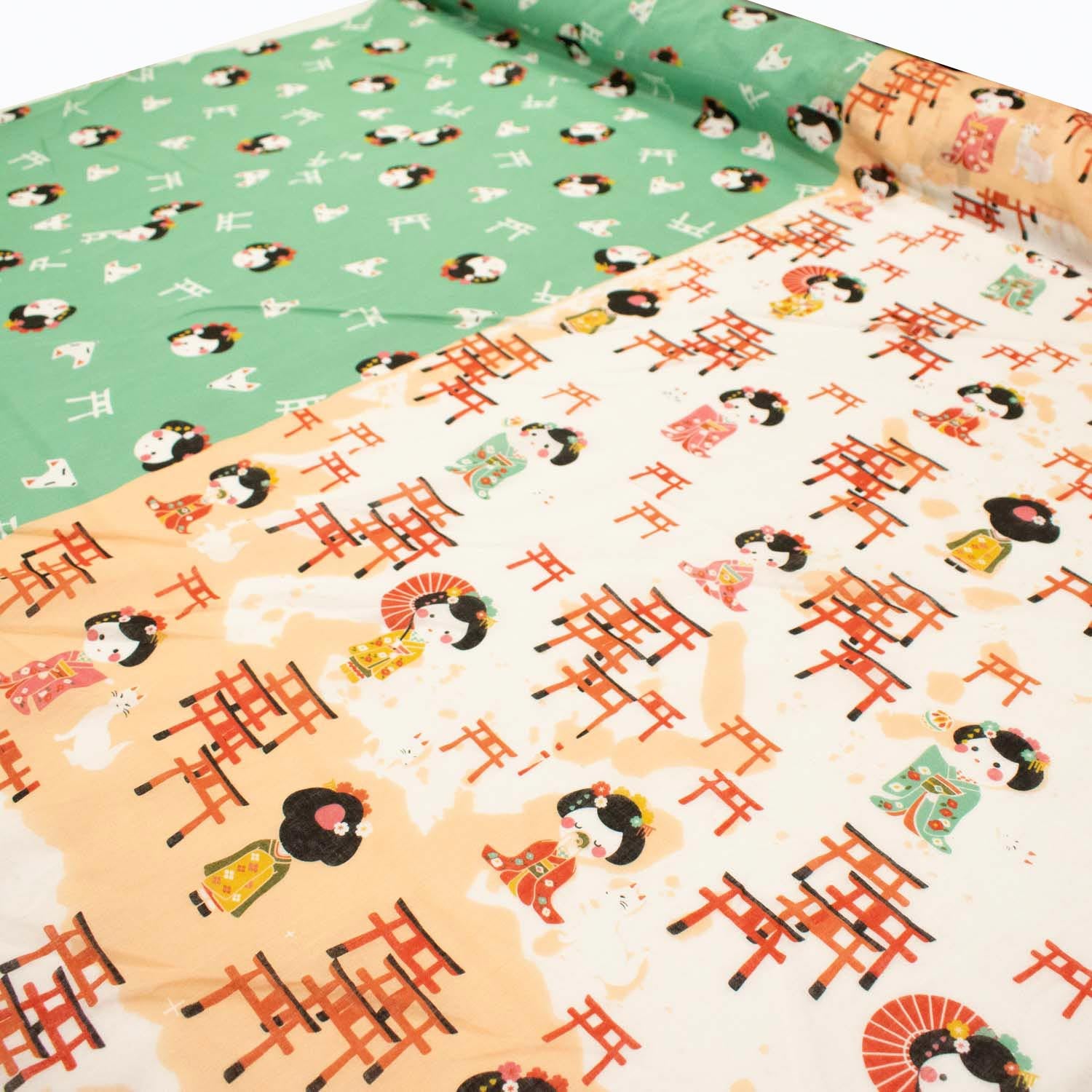 Border Printed Cotton Voile Design-14 Kimono Dolls on Green/Orange