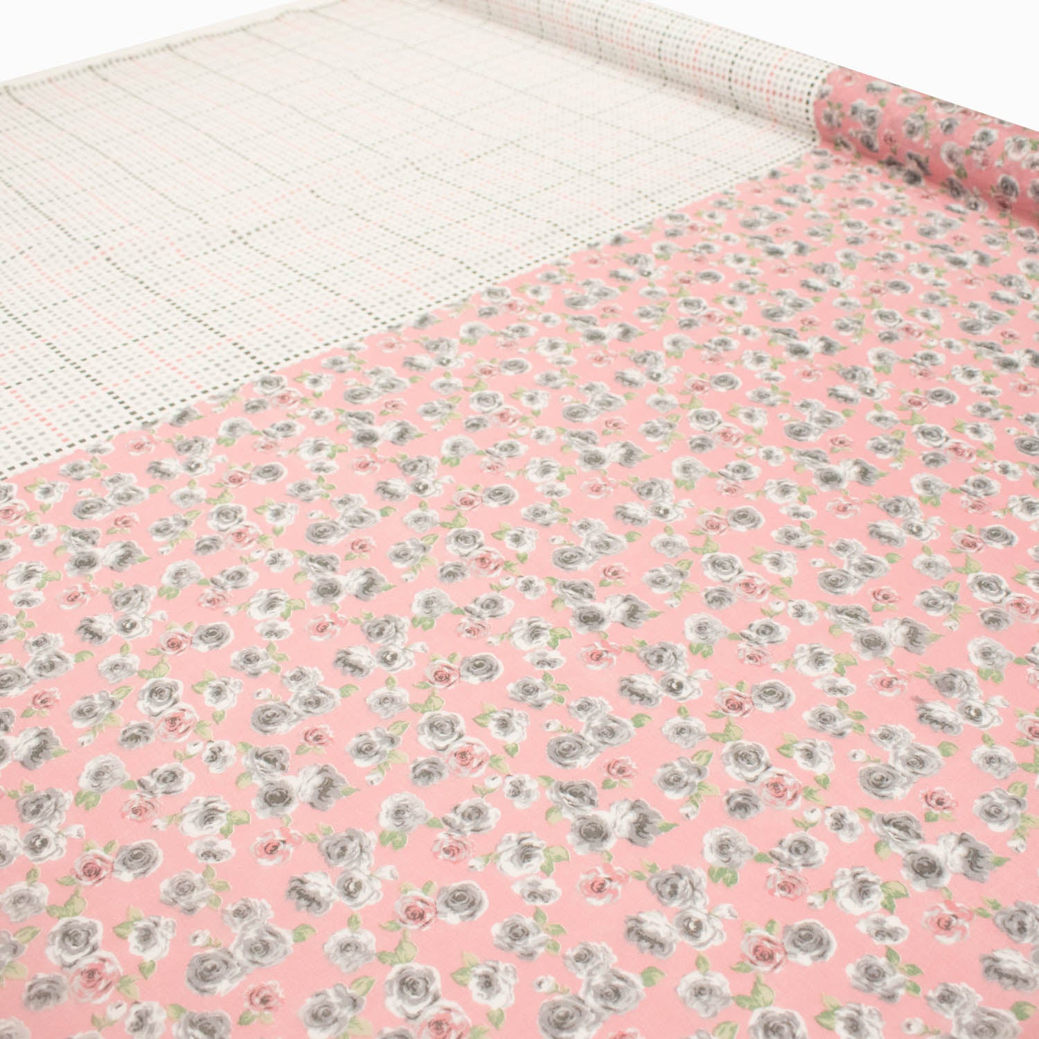 Border Printed Cotton Voile Design-15 Grey & Pink Checks/Grey Roses on Pink