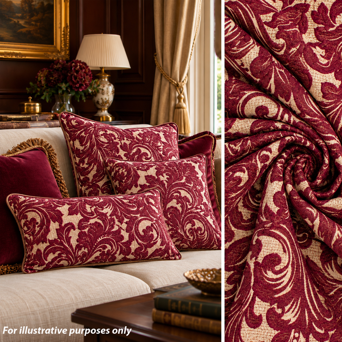 Ottoman Chenille Baroque Scroll Upholstery/Curtaining Fabric in Burgundy