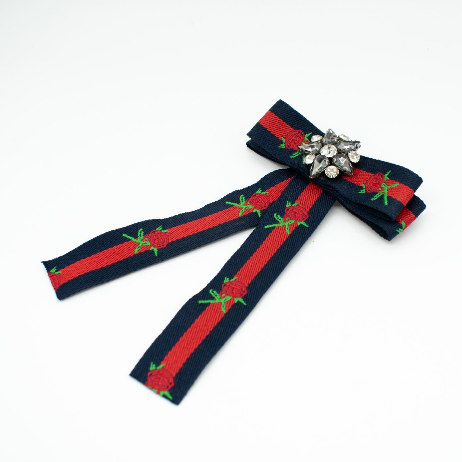 Red & Dark Navy Roses Diamante Dainty Bow Tie Brooch