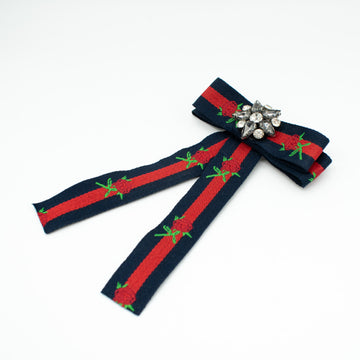 Red & Dark Navy Roses Diamante Dainty Bow Tie Brooch