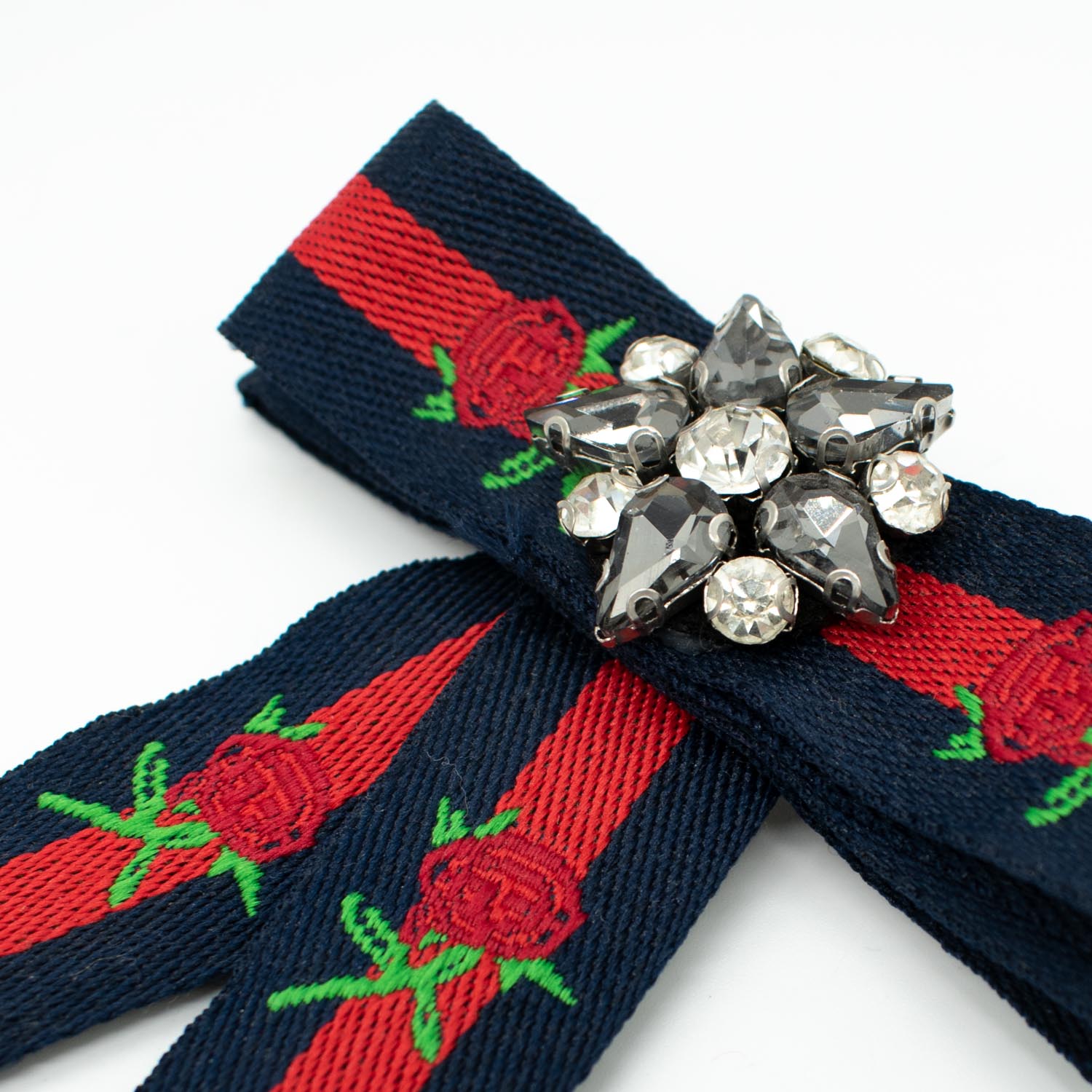 Red & Dark Navy Roses Diamante Dainty Bow Tie Brooch