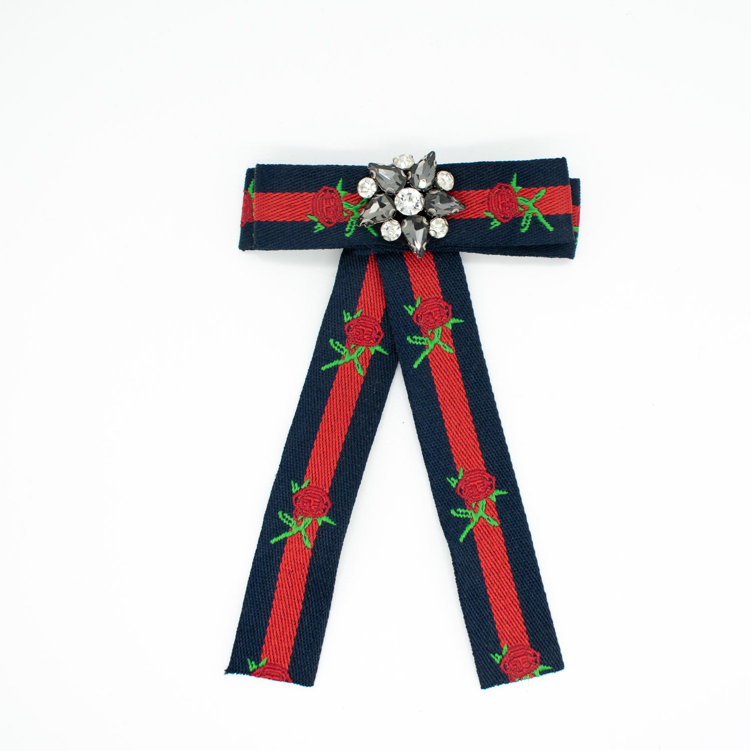 Red & Dark Navy Roses Diamante Dainty Bow Tie Brooch