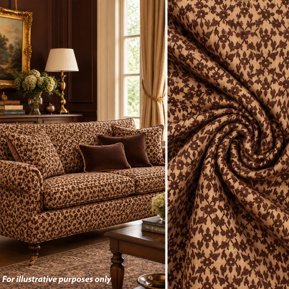 Ottoman Small Flower Chenille Upholstery/Curtaining Fabric in Brown