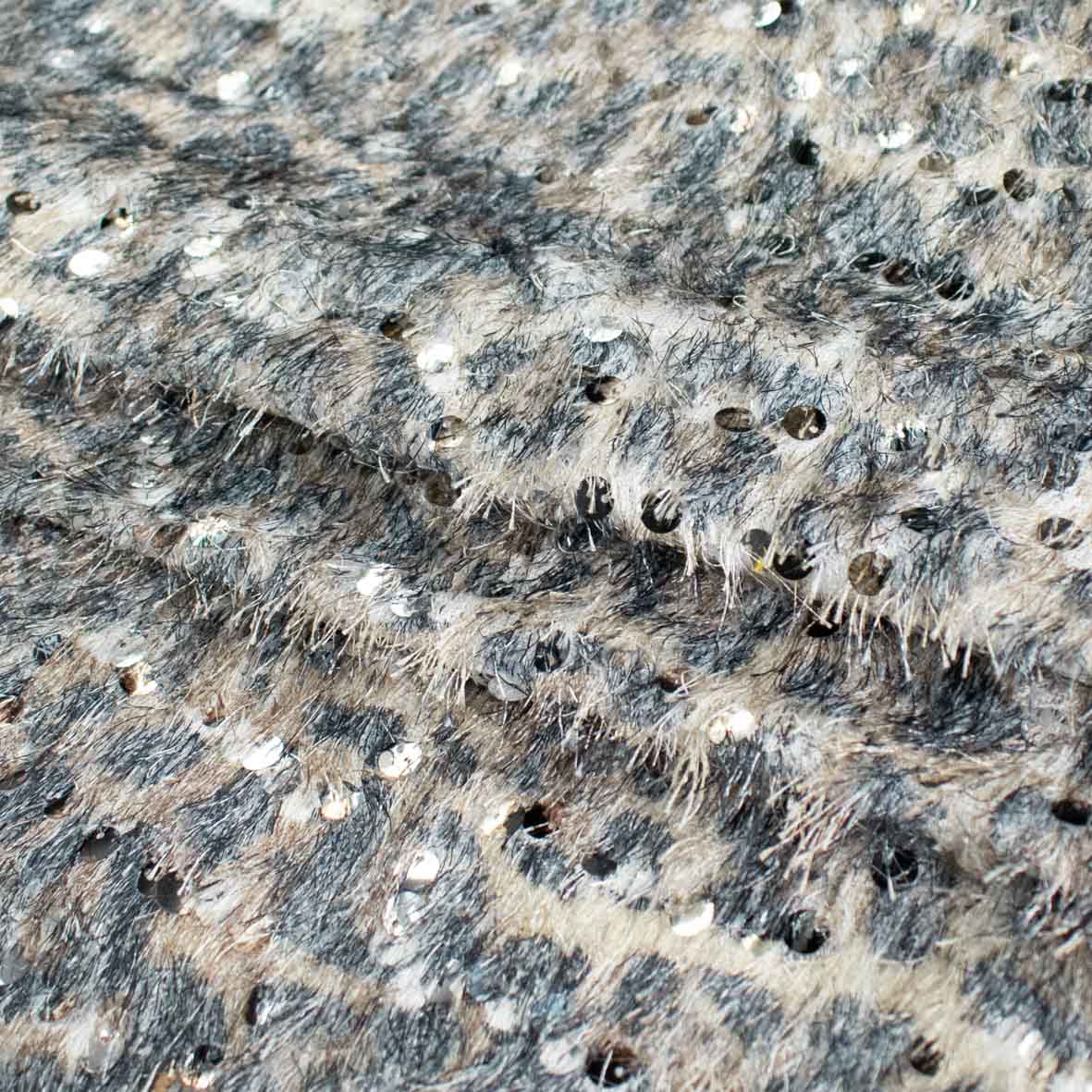 Chic Luxury Shaggy Silver Leopard Faux Fur with Sequins