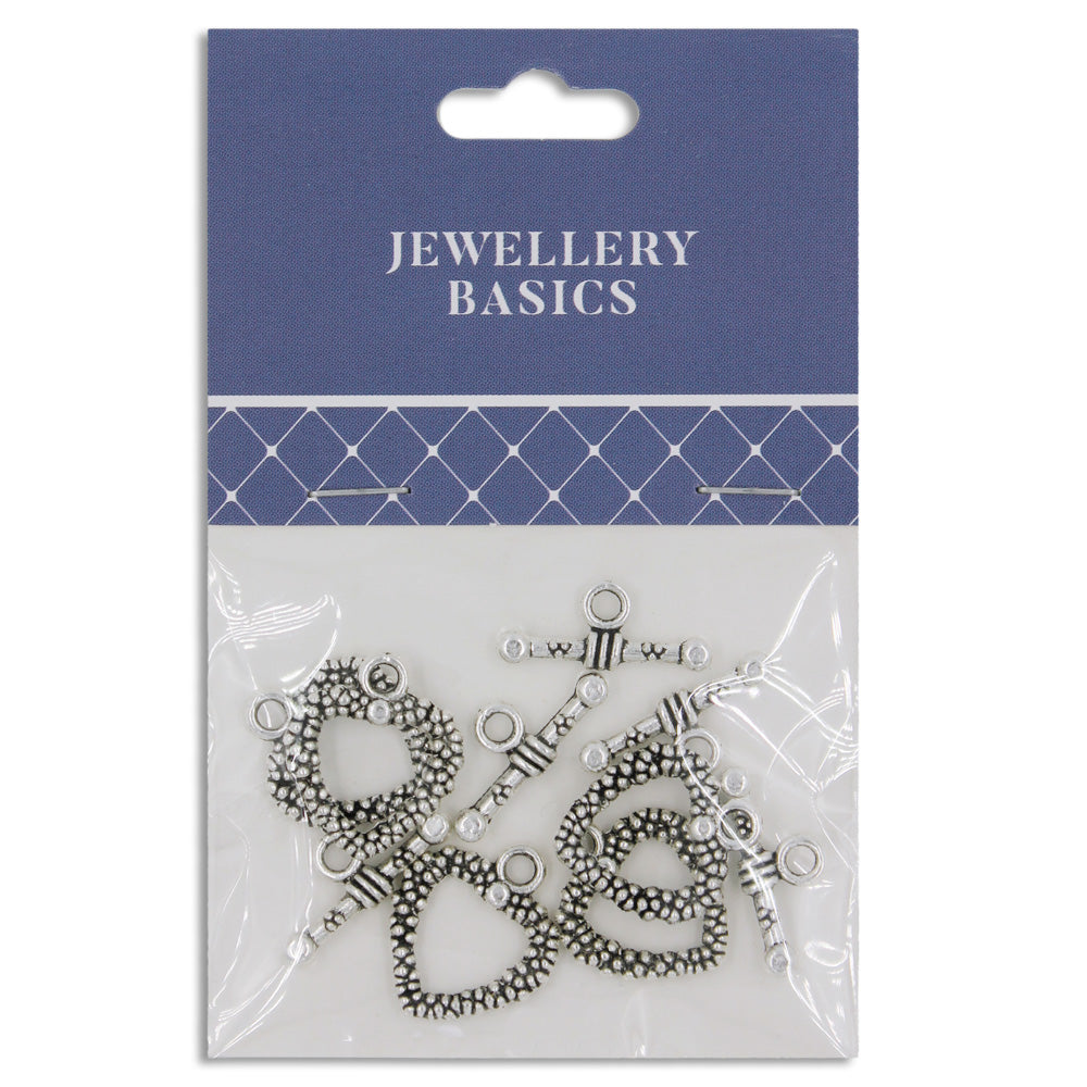 Clasp Toggle 15mm Silver Hearts 5 Sets