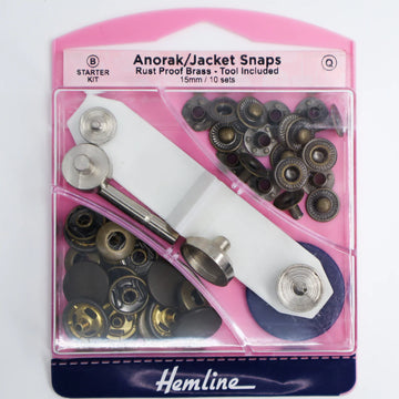 Hemline Anorak/Jacket Snaps With Tool Antique - 15mm - Set of 10