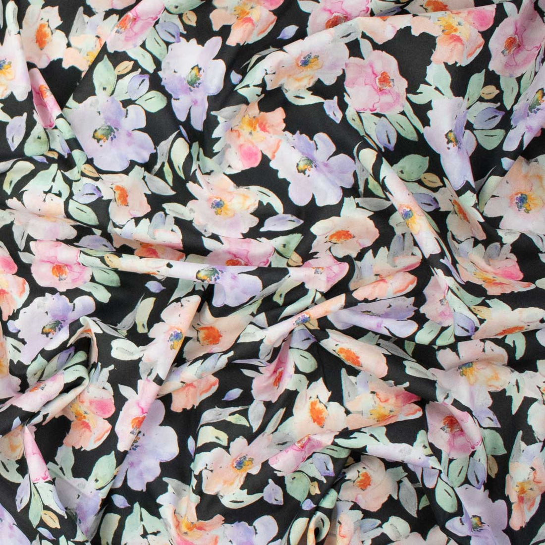 Pure Cotton Lawn Watercolour Prints SS-41836 - Floral Bloom on Black