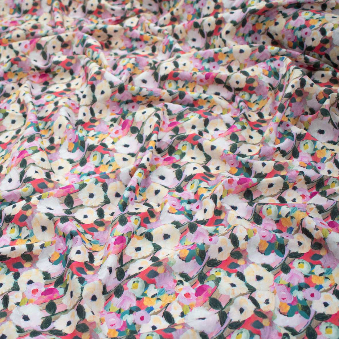 Pure Cotton Lawn Watercolour Prints SS41843 - Impressionist Bloom Blush & Coral