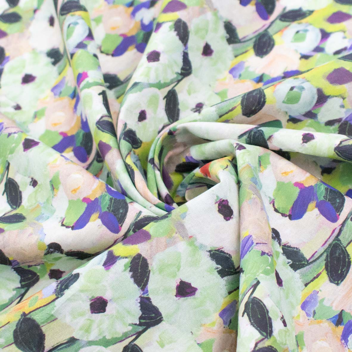 Pure Cotton Lawn Watercolour Prints SS41843 - Impressionist Bloom Meadow Green