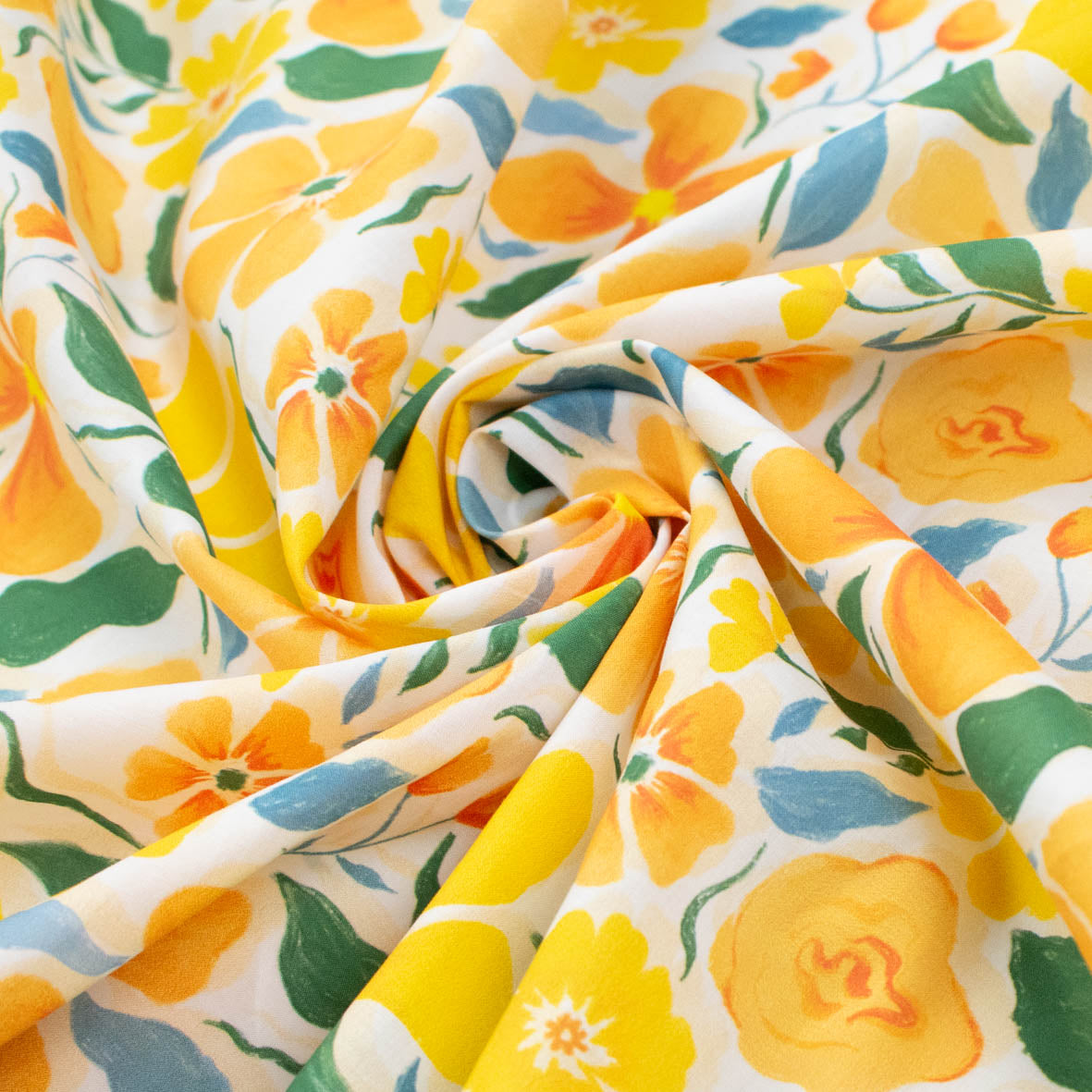 Pure Cotton Lawn Watercolour Prints SS41842 - Vibrant Bloom Garden Golden Yellow