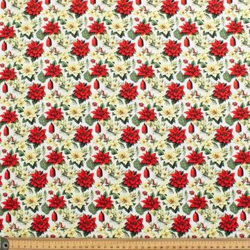 Red & White Poinsettia Flowers on White Christmas Cotton Prints