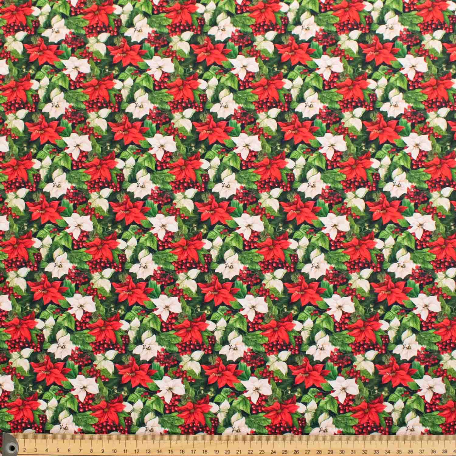 Red & White Poinsettia Flowers on Green Christmas Cotton Prints