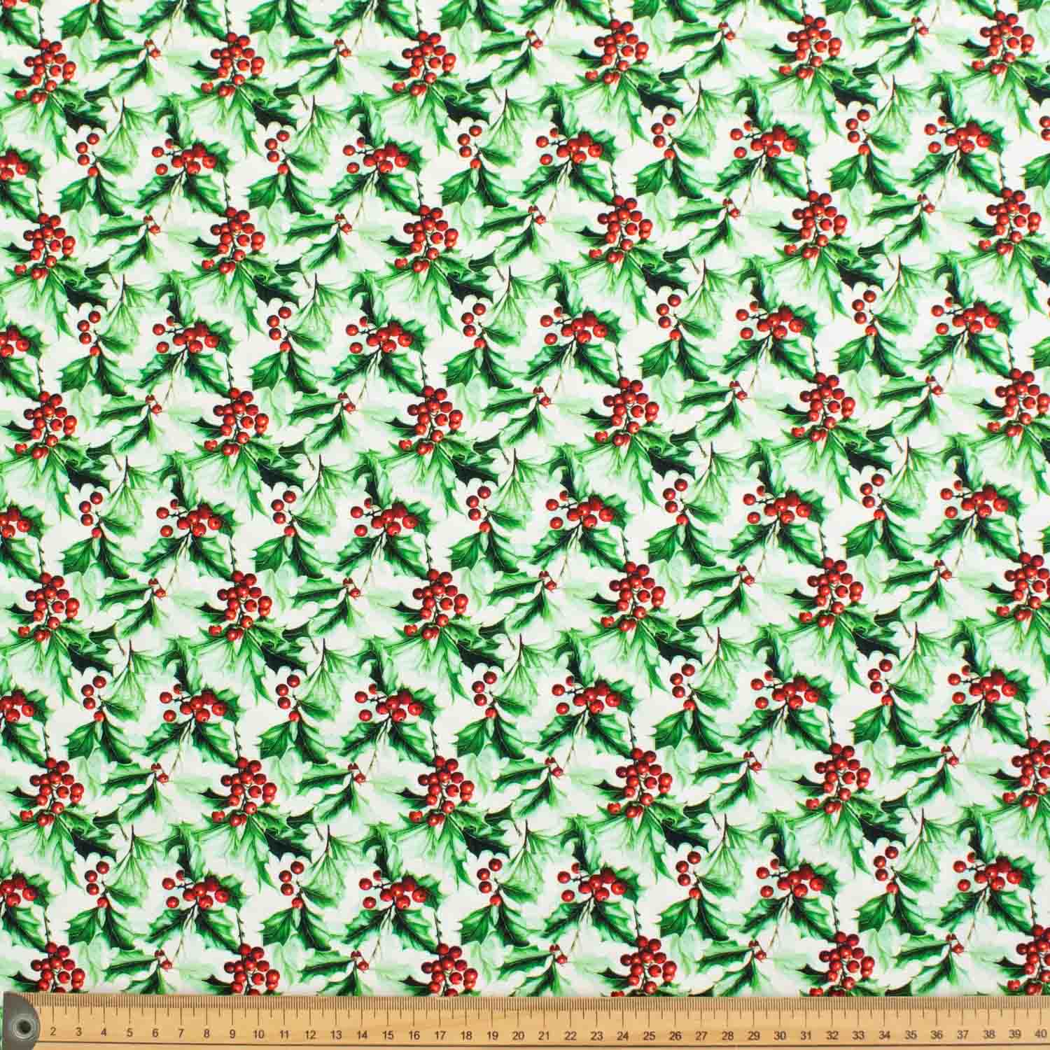 Red Holly & Green Leaves Christmas Cotton Prints