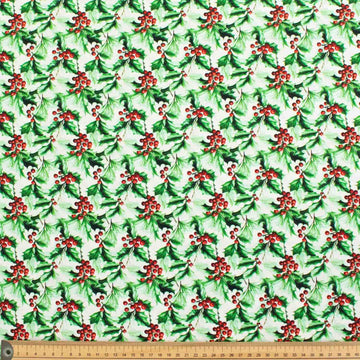 Red Holly & Green Leaves Christmas Cotton Prints