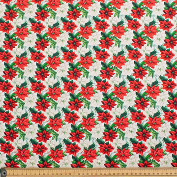 Red & White Poinsettia Flowers on Grey Christmas Cotton Prints