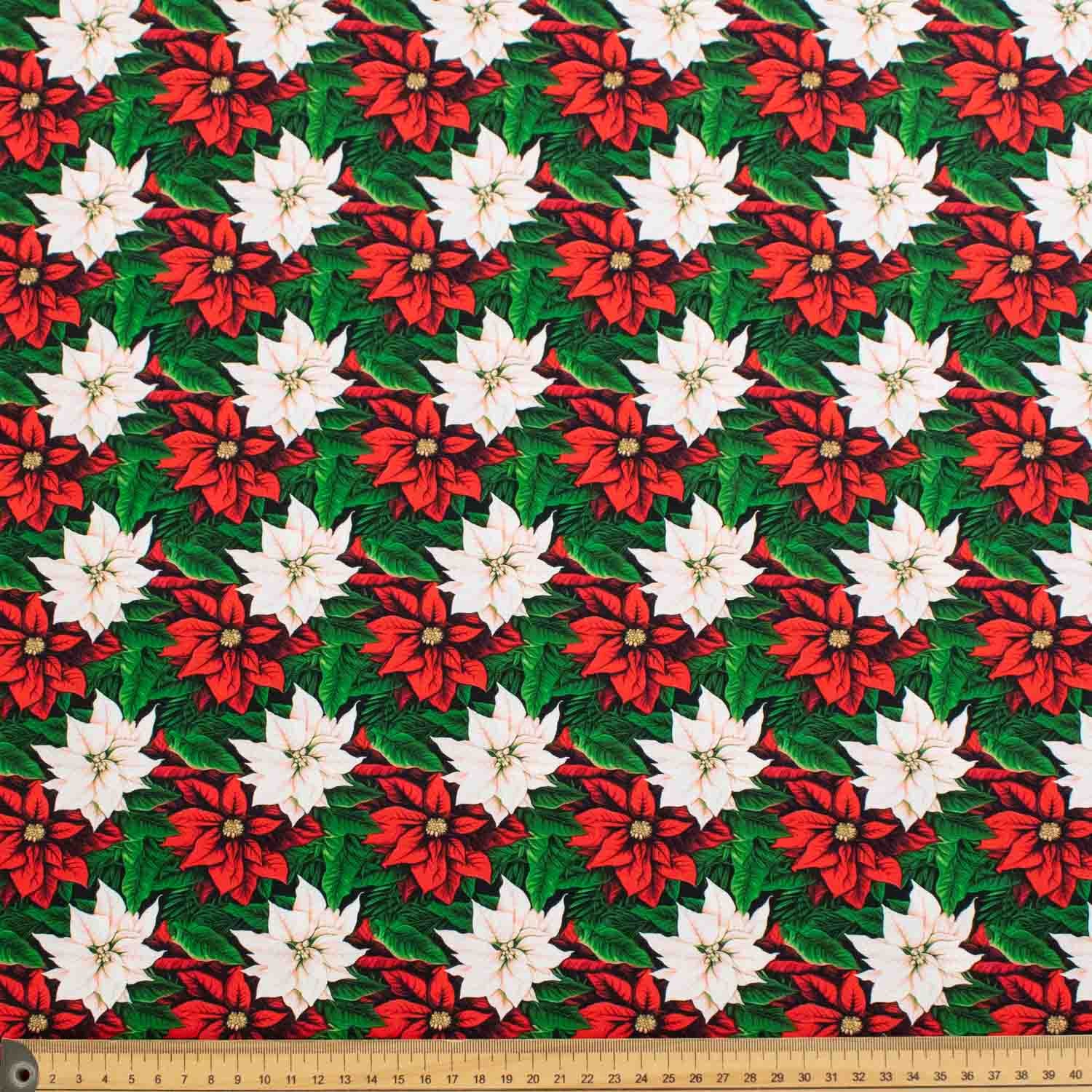 Red & White Poinsettia Flowers Christmas Cotton Prints