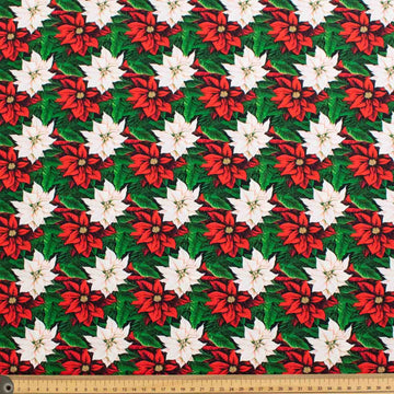 Red & White Poinsettia Flowers Christmas Cotton Prints