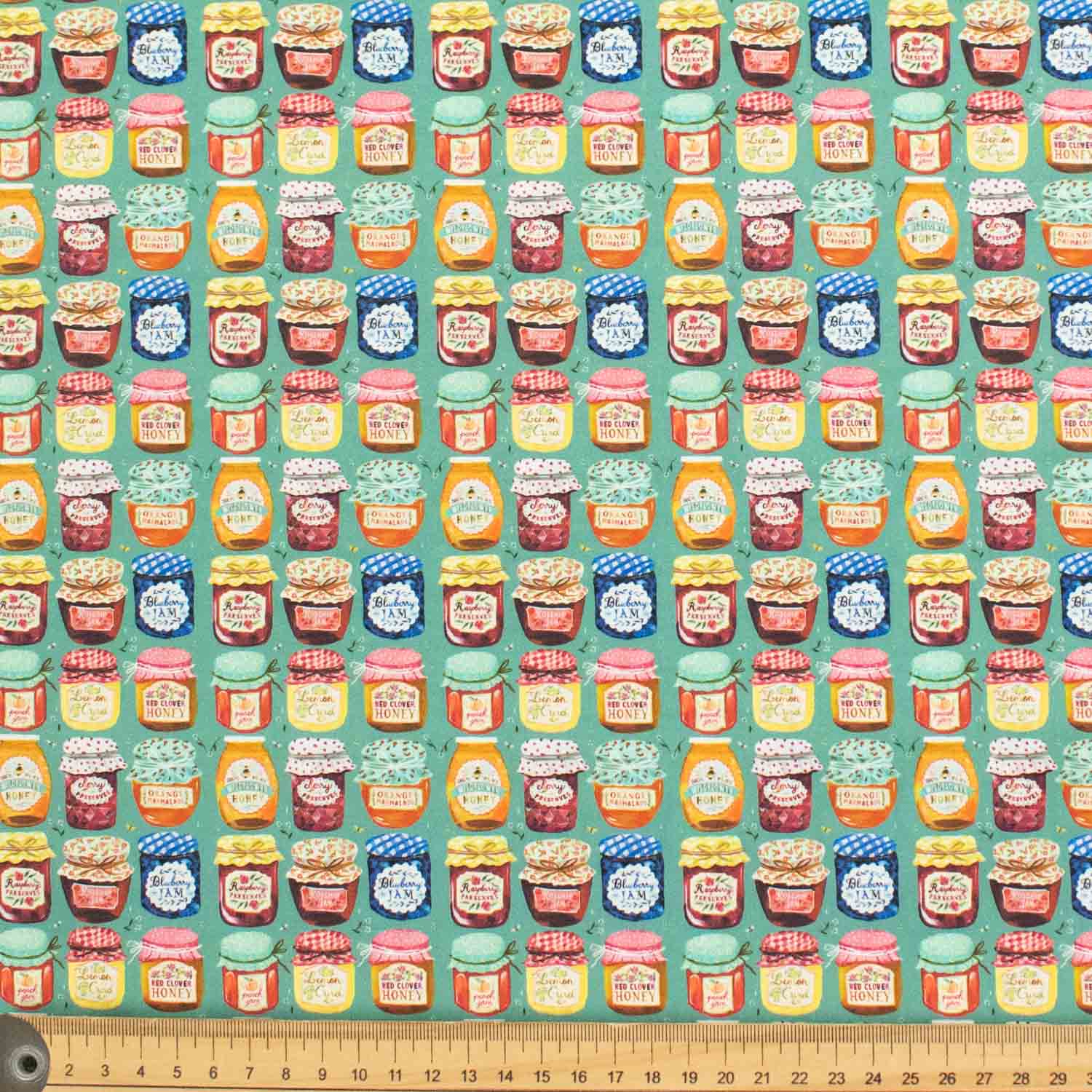 Green Retro Jam & Honey Jars Cotton Print
