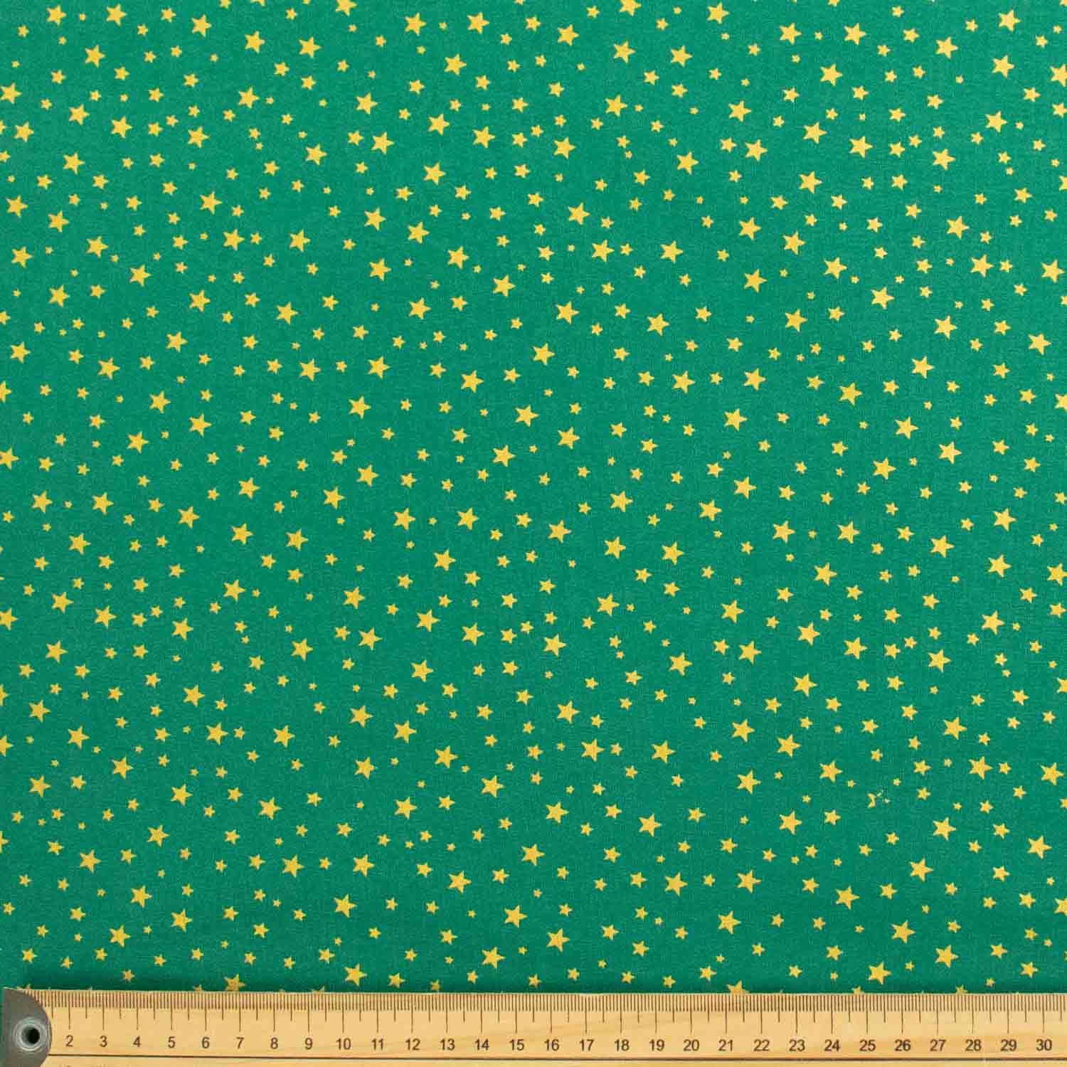 Metallic Gold Foil Stars on Green Christmas Cotton Prints