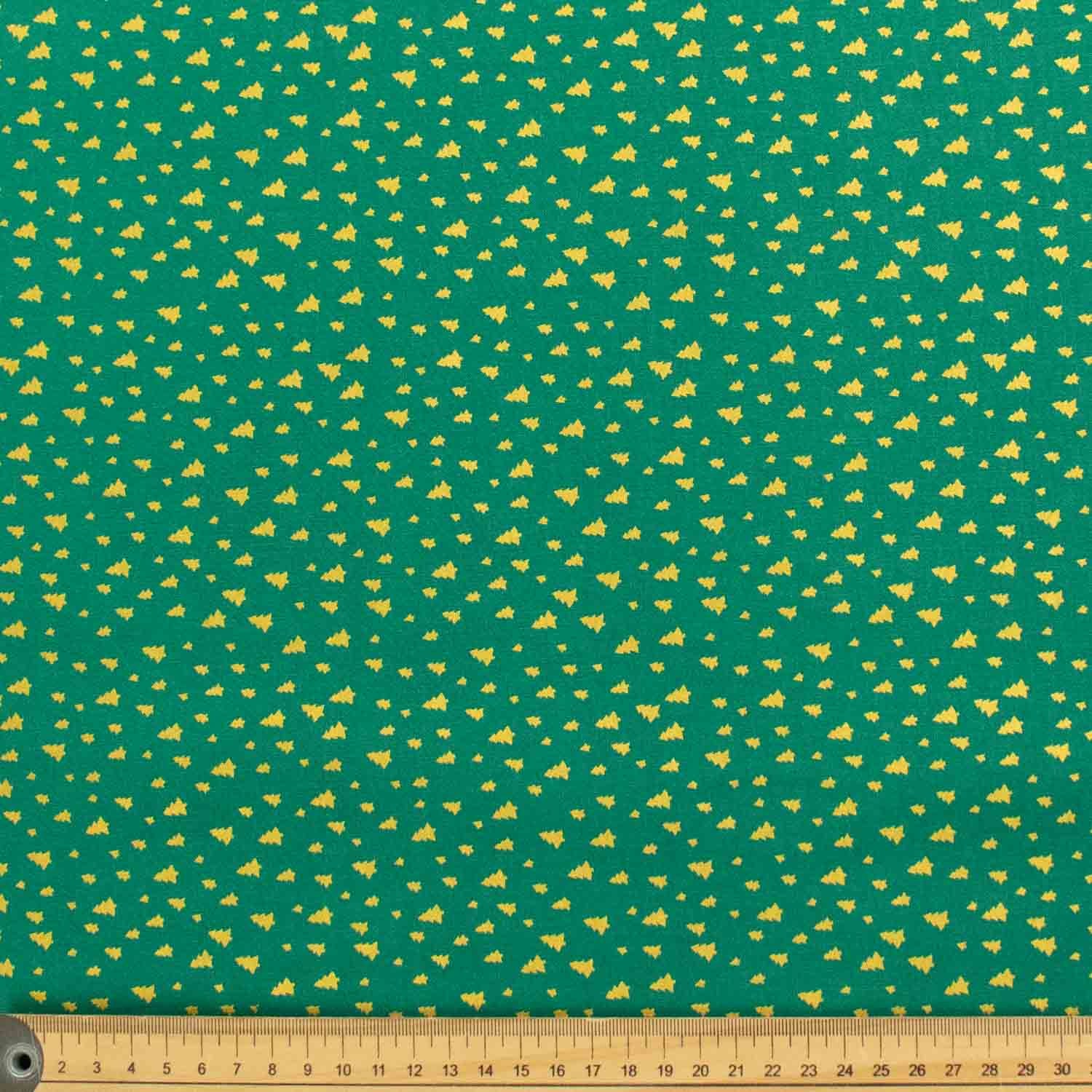Metallic Gold Foil Xmas Trees on Green Christmas Cotton Prints
