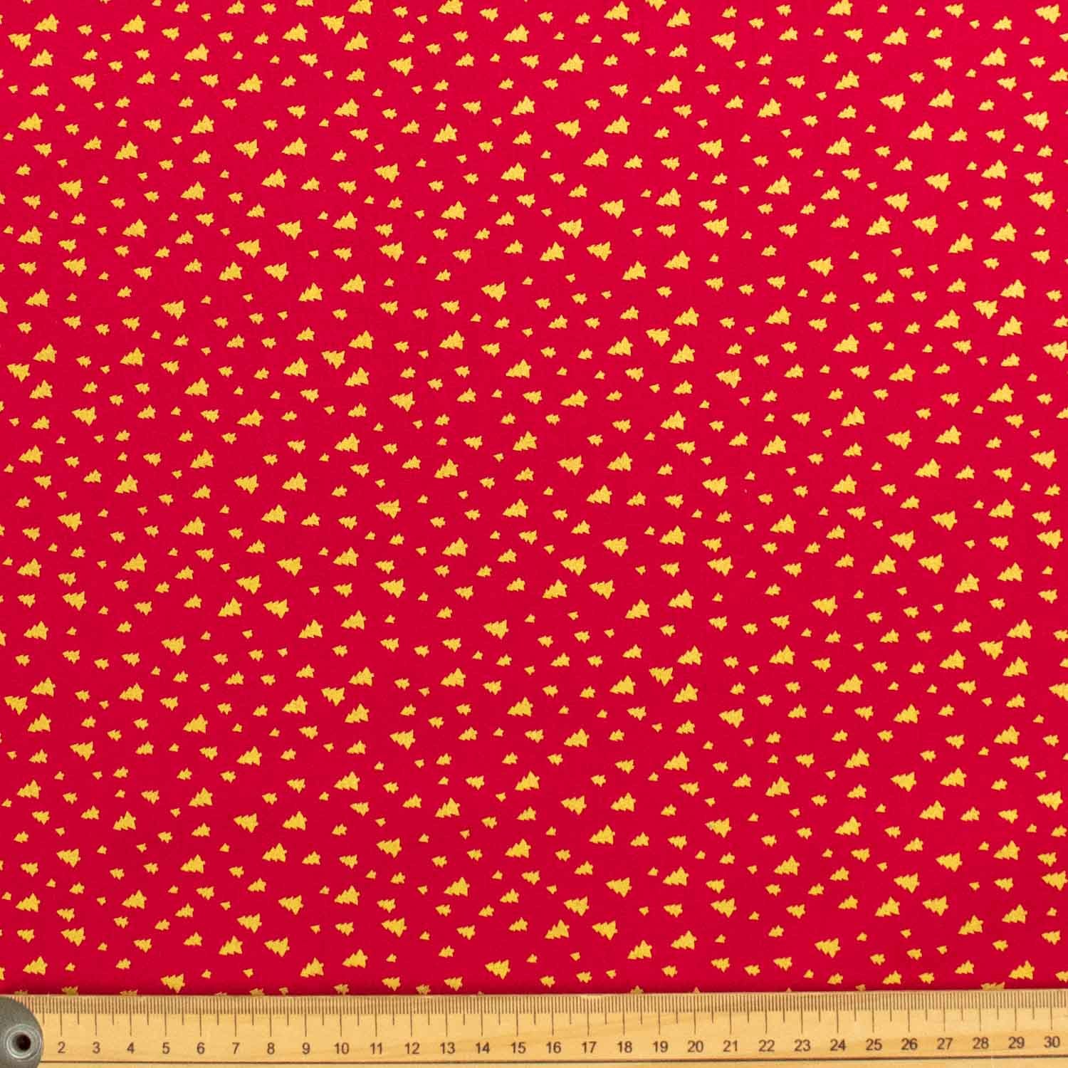 Metallic Gold Foil Xmas Trees on Red Christmas Cotton Prints