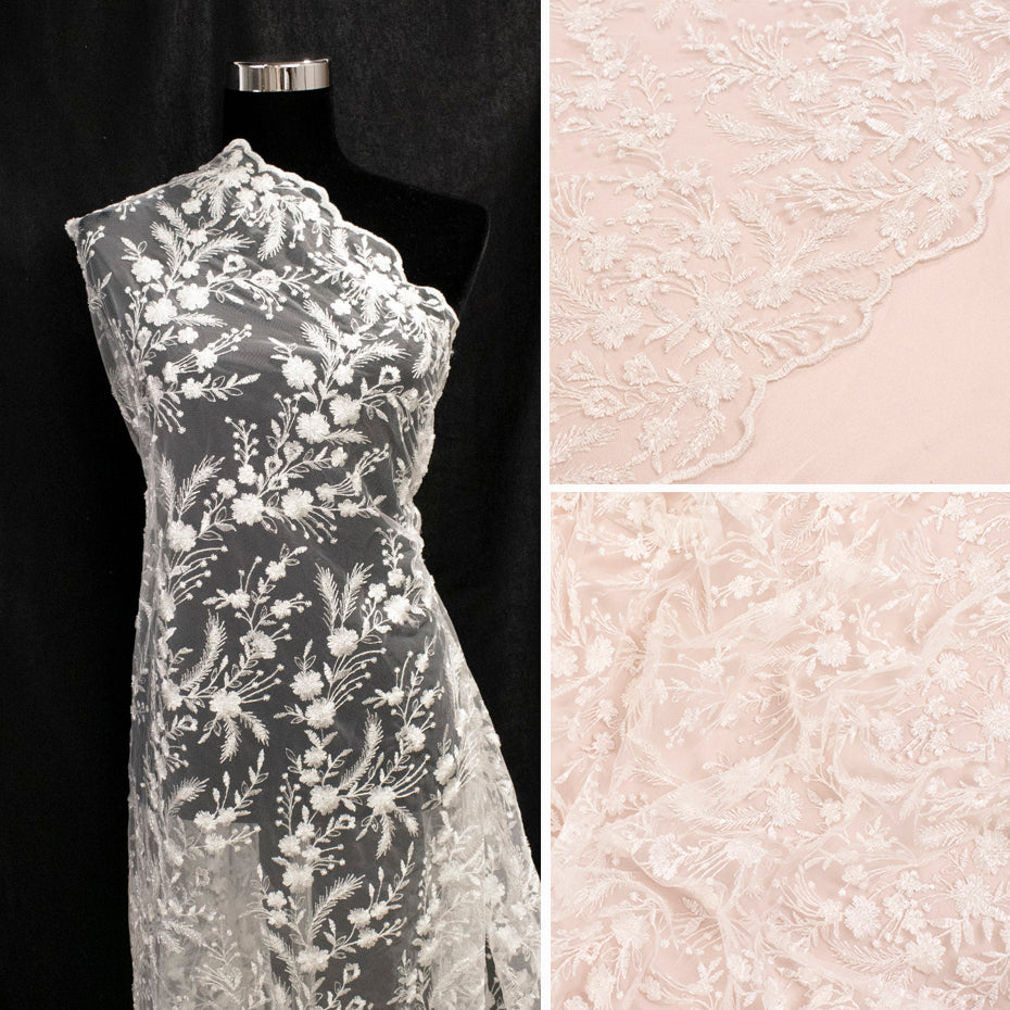 Light Weight Embroidered Couture Bridal Laces – DR23 White Floral Vines