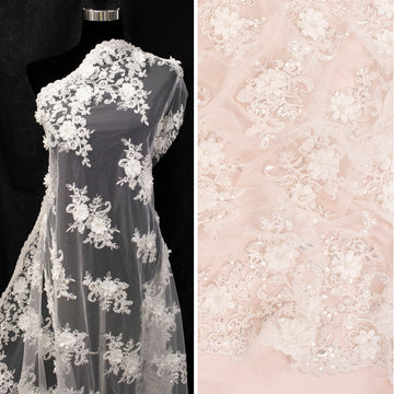 3D Floral Sequin Embroidered Couture Bridal Laces – GA7806 Off White