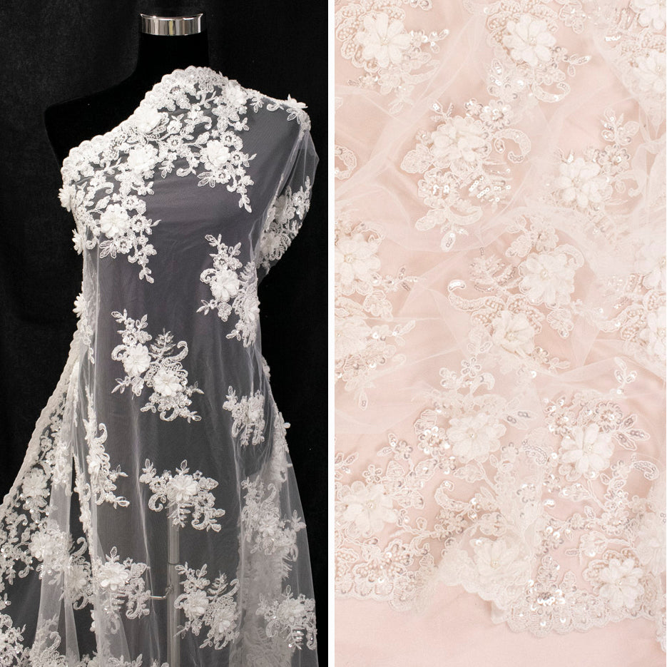 3D Floral Sequin Embroidered Couture Bridal Laces – GA7806 Off White