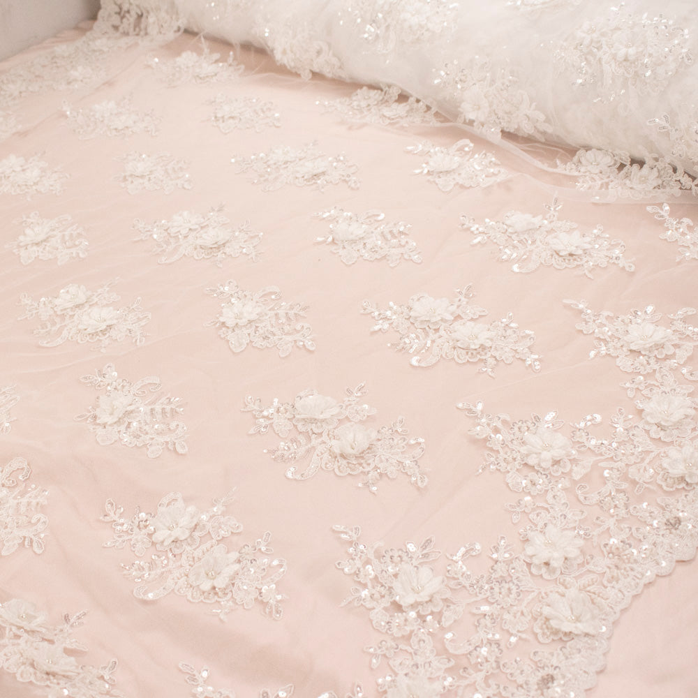 3D Floral Sequin Embroidered Couture Bridal Laces – GA7806 Off White