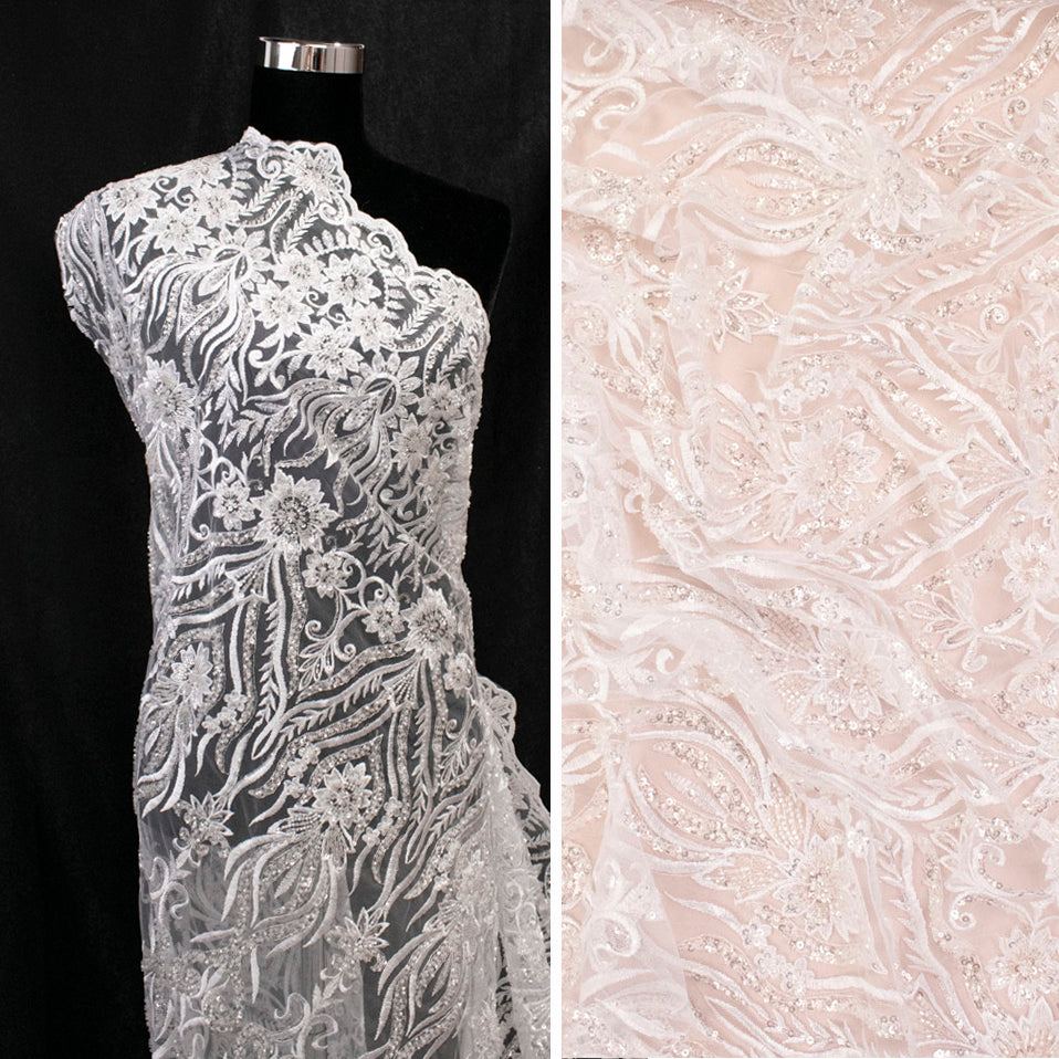 Heavy Beaded Sequin Embroidered Bridal Laces – GA7801 White Floral Vines