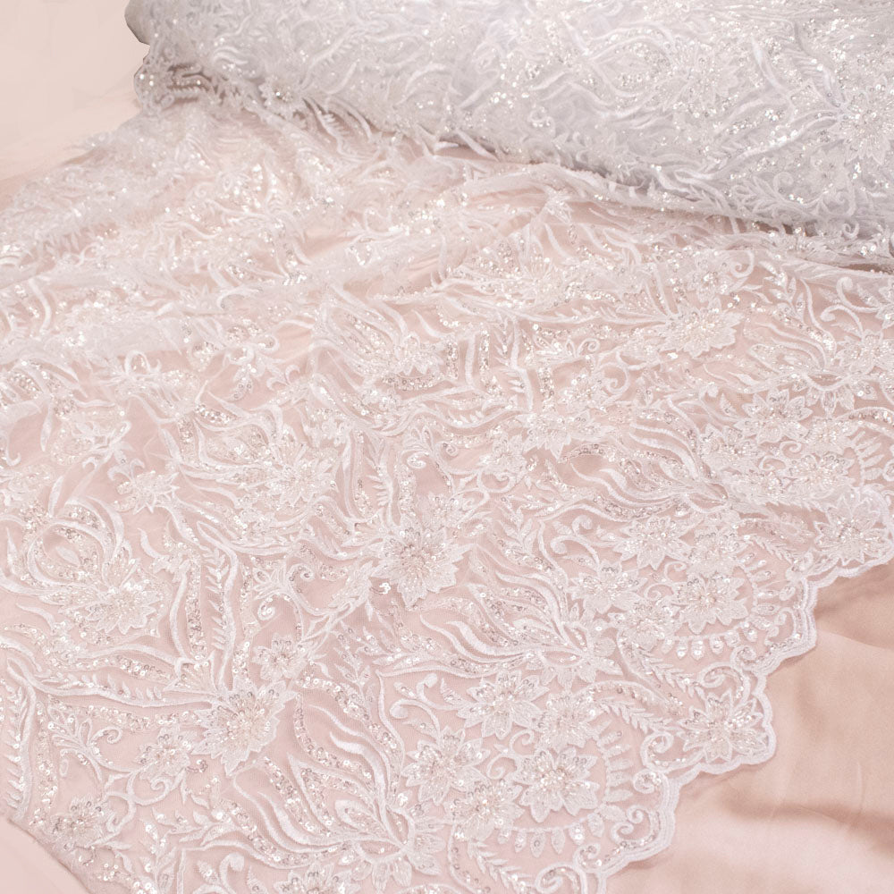 Heavy Beaded Sequin Embroidered Bridal Laces – GA7801 Off White Floral Vines