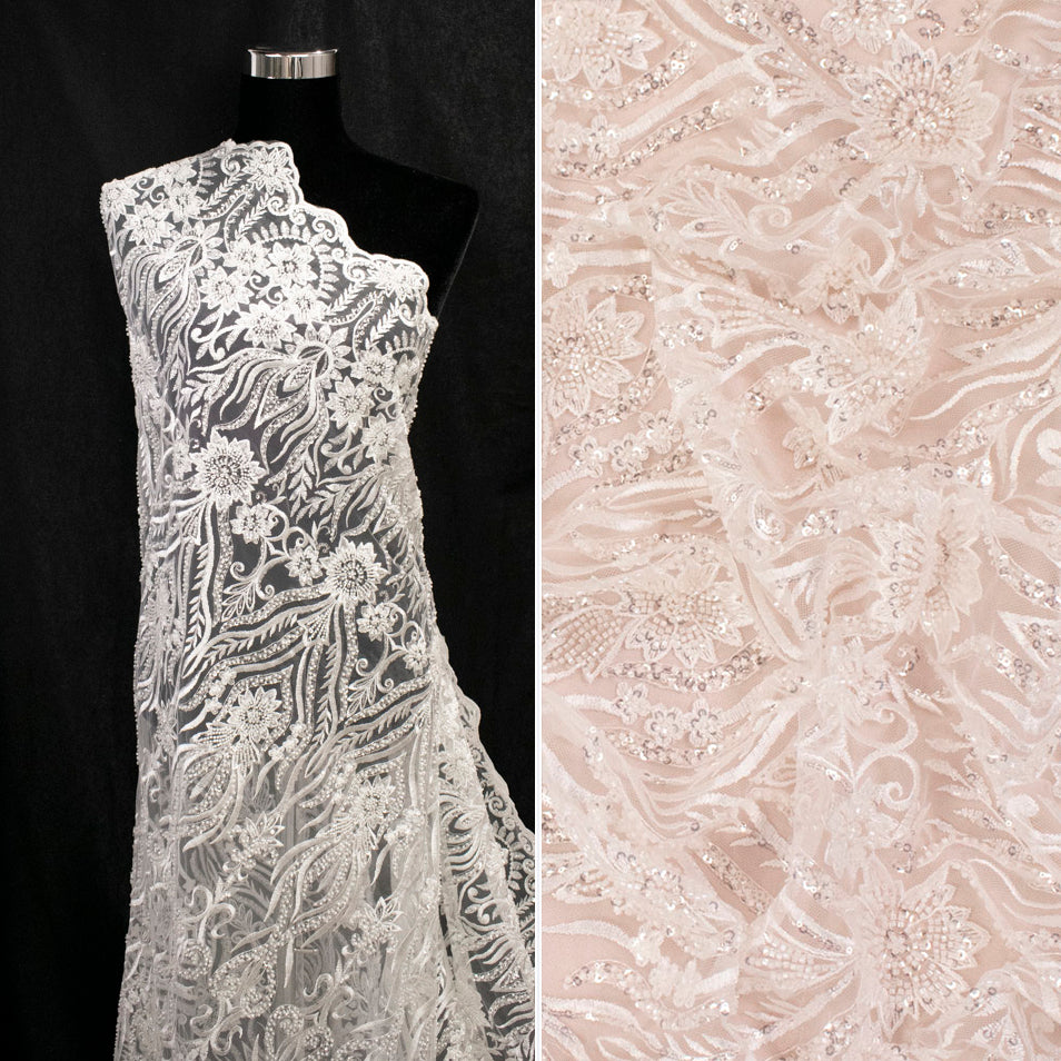 Heavy Beaded Sequin Embroidered Bridal Laces – GA7801 Off White Floral Vines