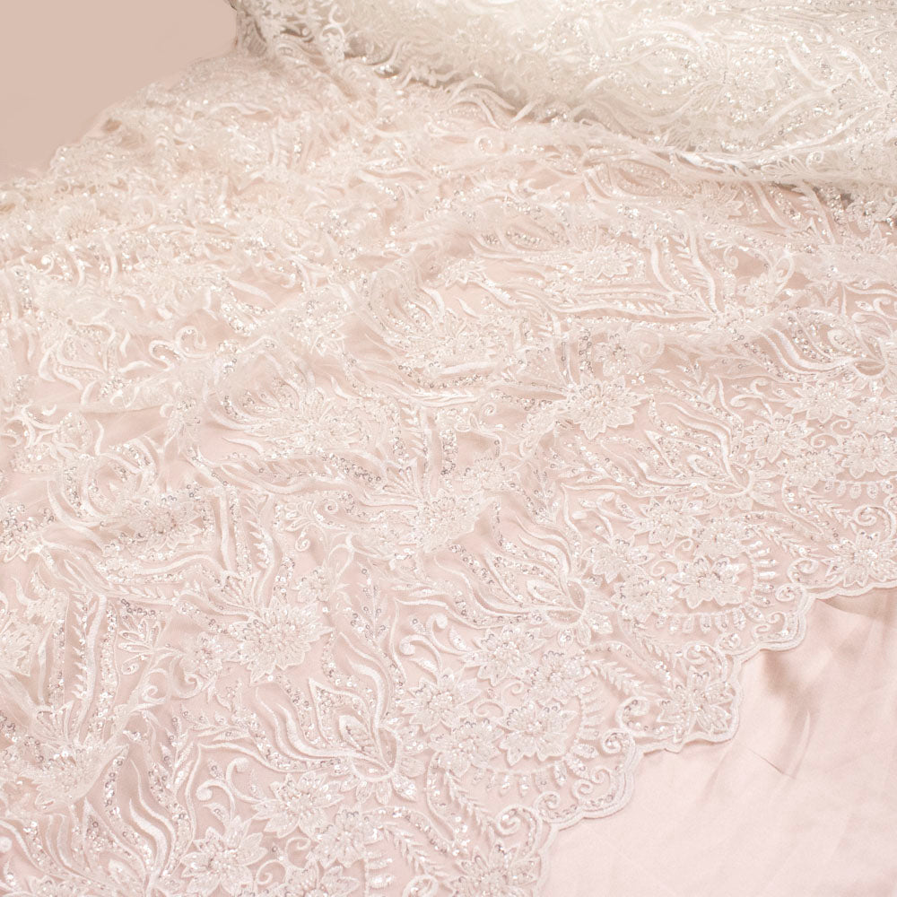 Heavy Beaded Sequin Embroidered Bridal Laces – GA7801 White Floral Vines