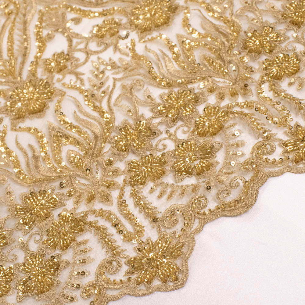 Heavy Beaded Sequin Embroidered Couture Laces – GA7801 Gold Floral Vines