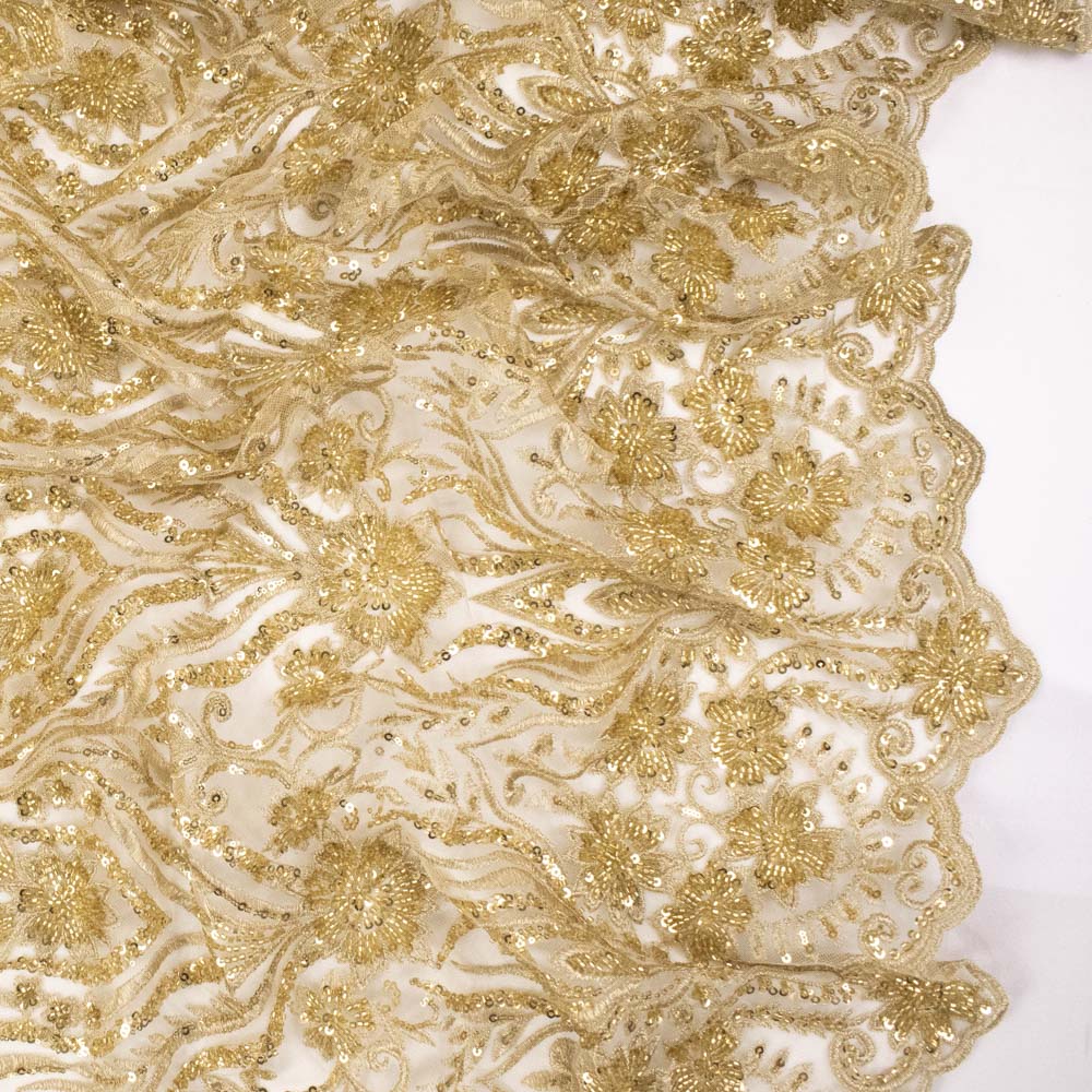 Heavy Beaded Sequin Embroidered Couture Laces – GA7801 Gold Floral Vines