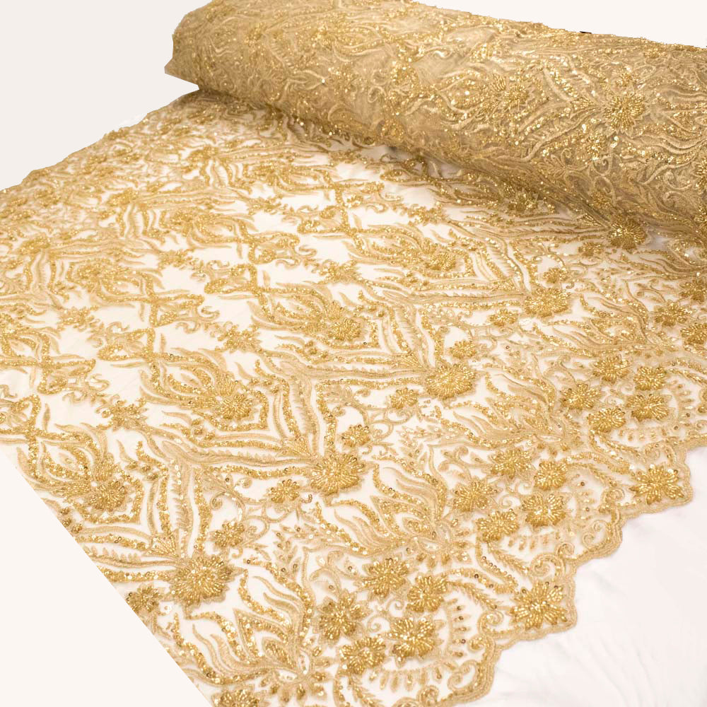 Heavy Beaded Sequin Embroidered Couture Laces – GA7801 Gold Floral Vines