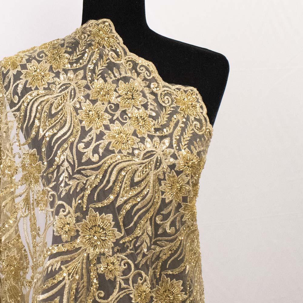 Heavy Beaded Sequin Embroidered Couture Laces – GA7801 Gold Floral Vines