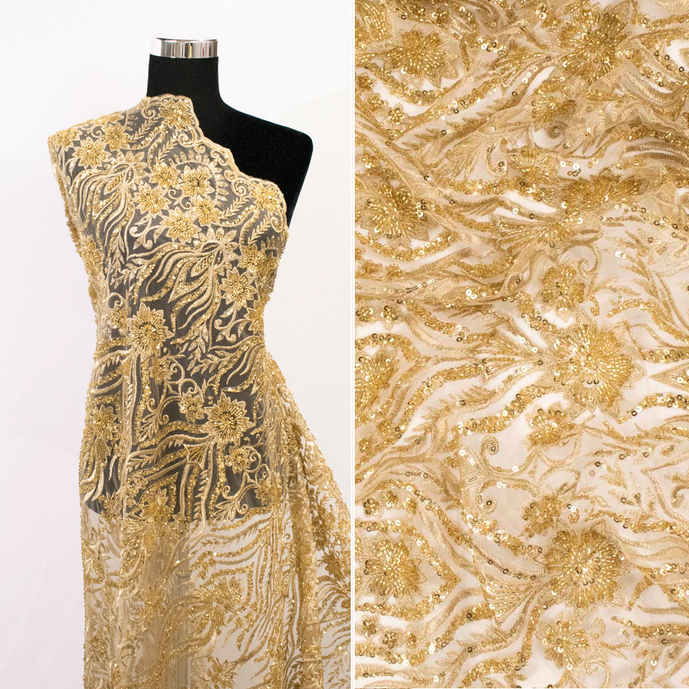 Heavy Beaded Sequin Embroidered Couture Laces – GA7801 Gold Floral Vines