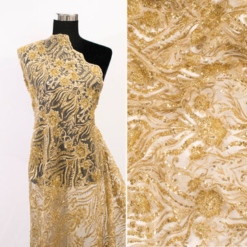 Heavy Beaded Sequin Embroidered Couture Laces – GA7801 Gold Floral Vines