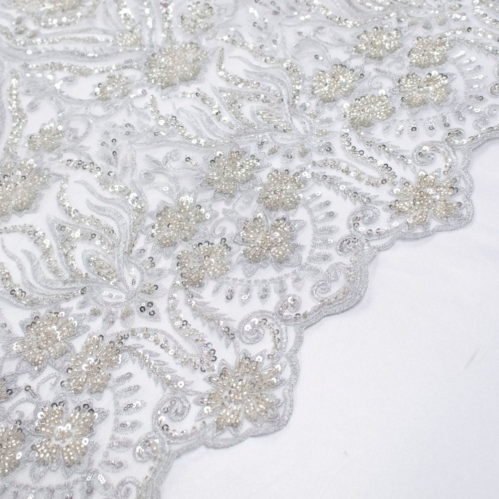 Heavy Beaded Sequin Embroidered Couture Laces – GA7801 Silver Floral Vines