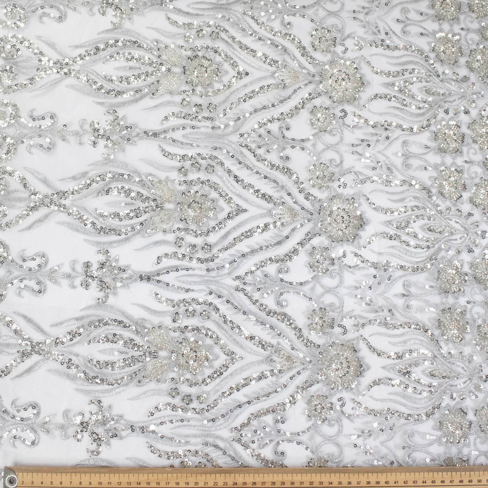 Heavy Beaded Sequin Embroidered Couture Laces – GA7801 Silver Floral Vines