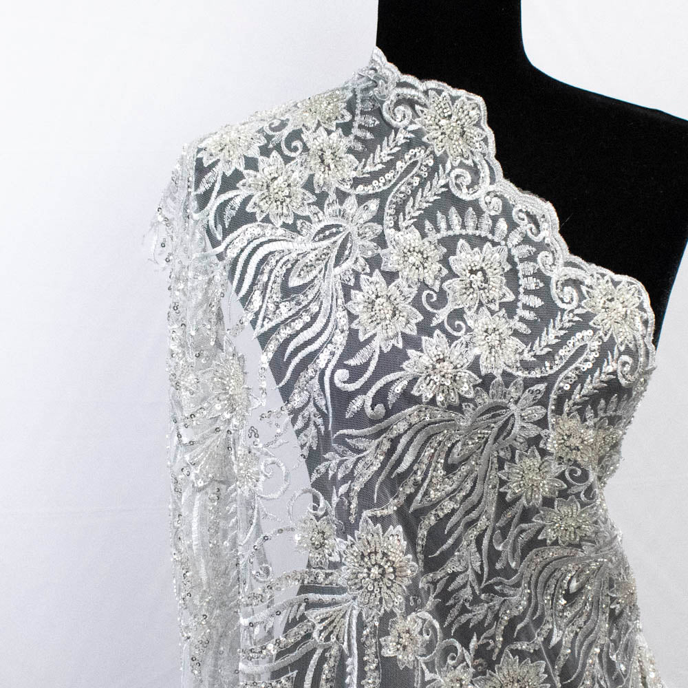 Heavy Beaded Sequin Embroidered Couture Laces – GA7801 Silver Floral Vines