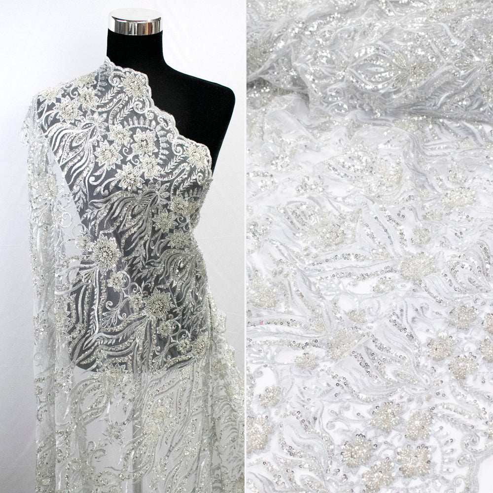 Heavy Beaded Sequin Embroidered Couture Laces – GA7801 Silver Floral Vines