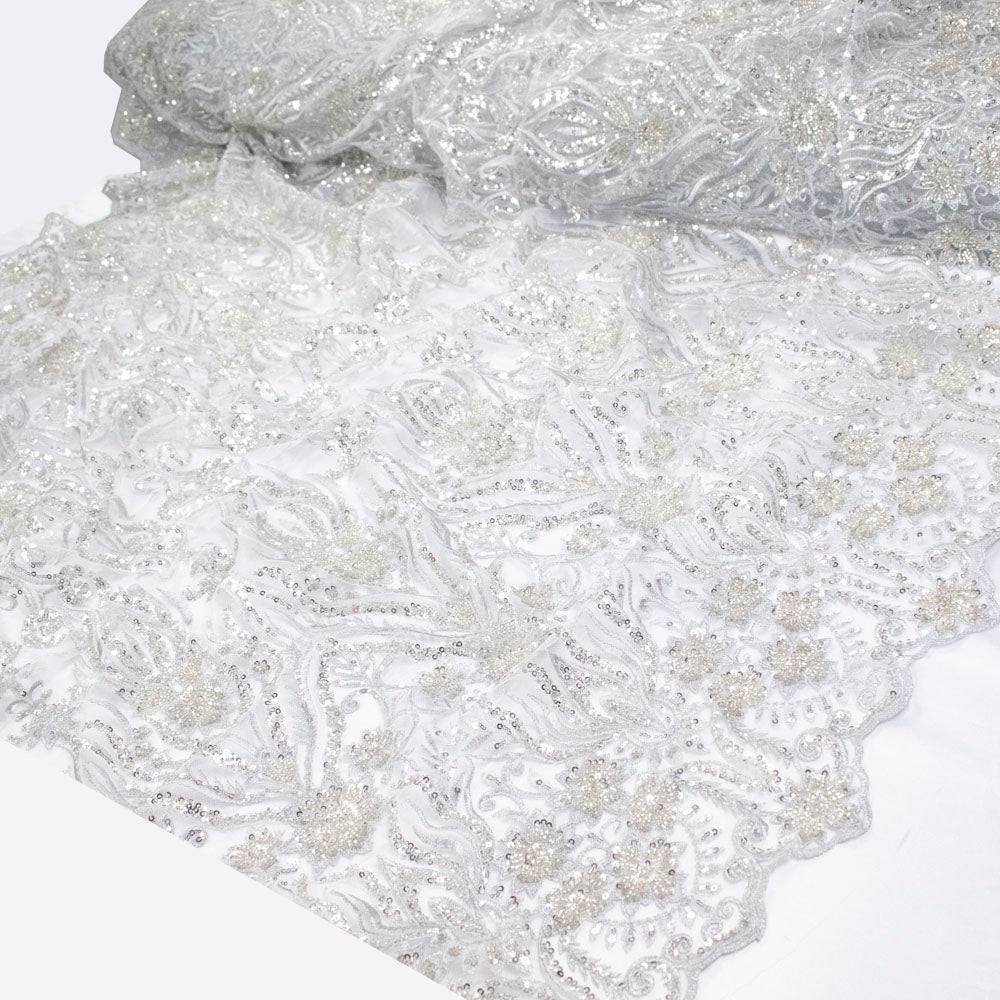 Heavy Beaded Sequin Embroidered Couture Laces – GA7801 Silver Floral Vines