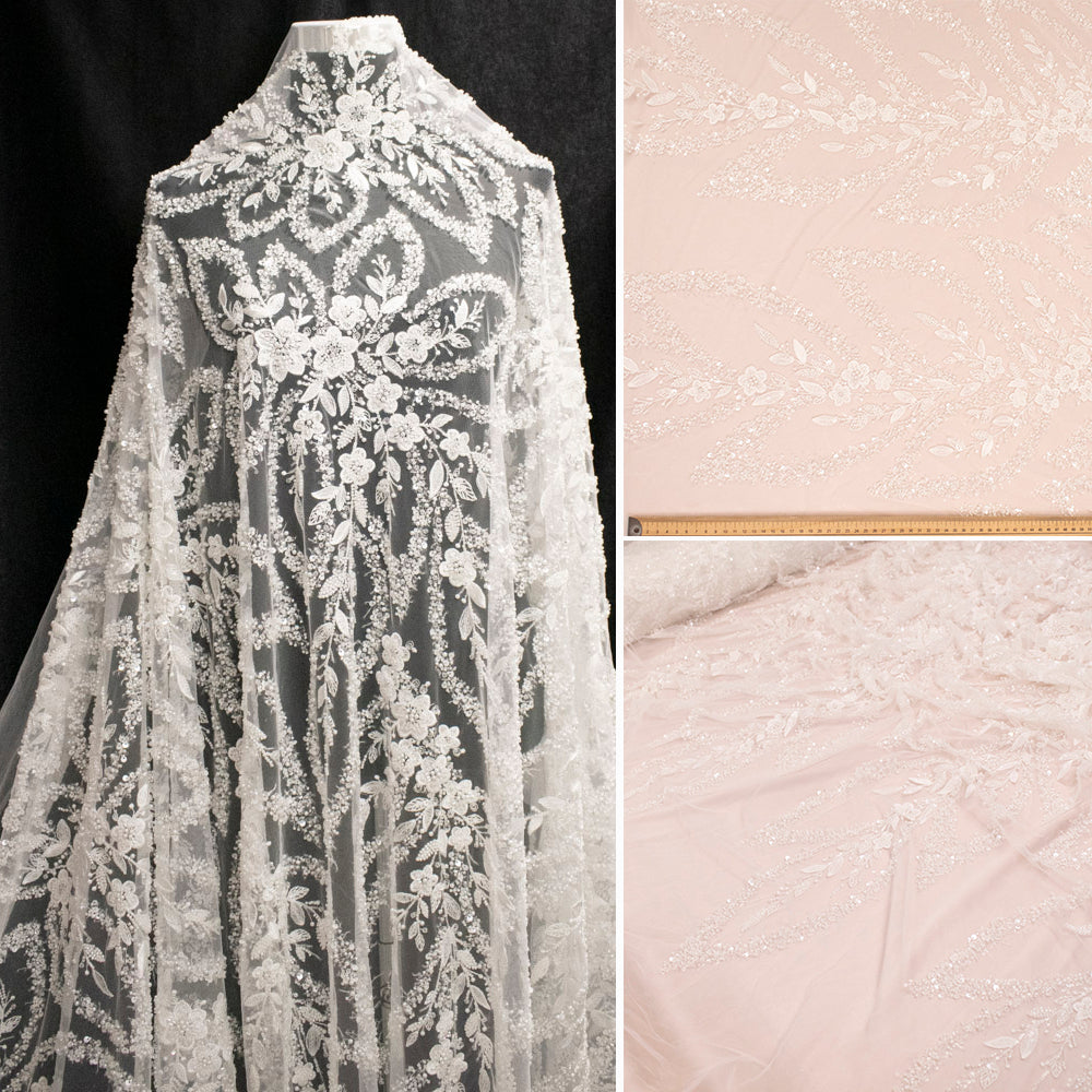 Heavy Beaded 3D Floral Vines Embroidered Couture Bridal Laces – PB2407 White