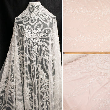 Heavy Beaded 3D Floral Vines Embroidered Couture Bridal Laces – PB2407 White