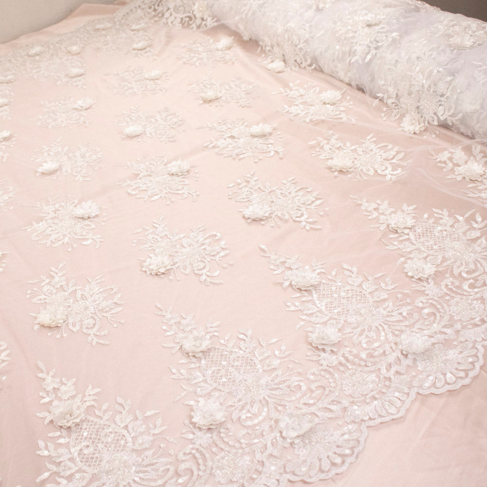 3D Floral Sequin Embroidered Couture Bridal Laces – WS21 Off White