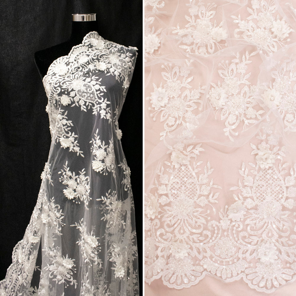 3D Floral Sequin Embroidered Couture Bridal Laces – WS21 Off White