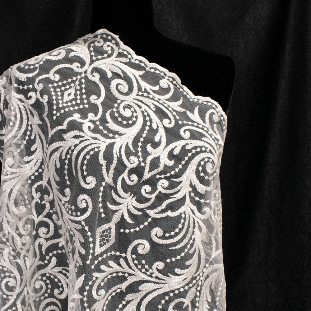 Embroidered Couture Bridal Laces – WS21 Off White Damask Floral Vines